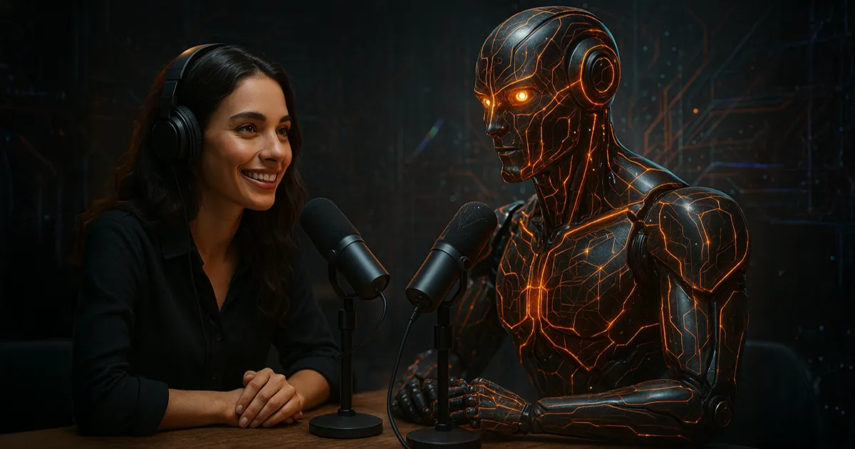 Eine Frau und ein KI-Roboter machen zusammen ein Podcast